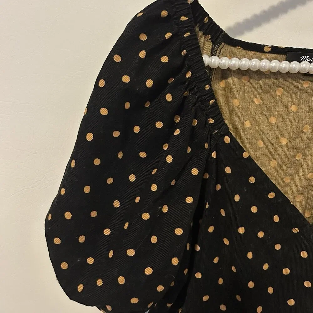 Madewell Top Womens Size XXS Corduroy Puff Sleeve Black Tan Polka Dot Romantic